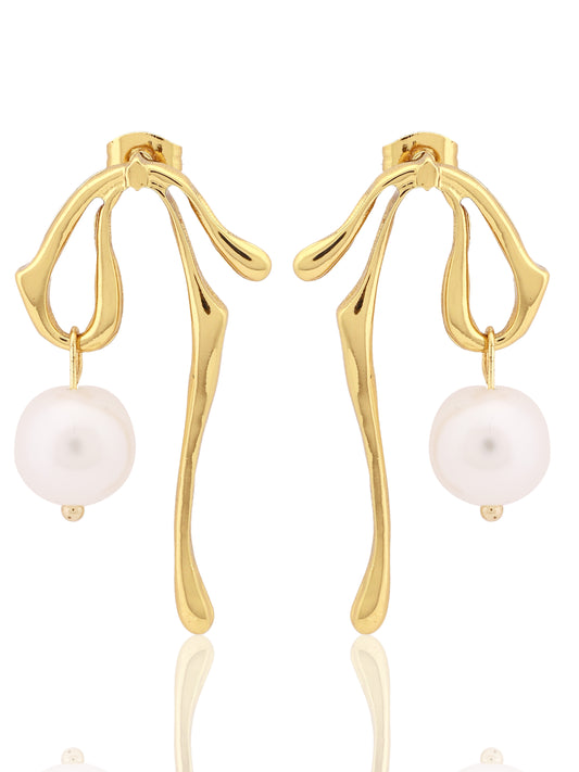 Gold Ribbon Pearl Earrings