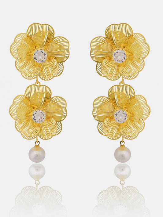 Golden Flower Drop Earrings With Crystal & Pearl