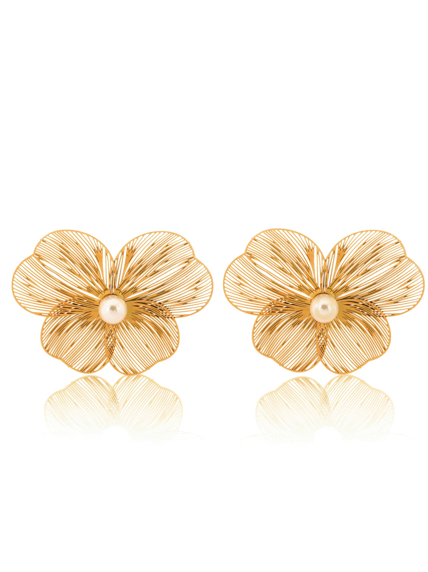 Golden Filigree Blossom Earrings With Pearl Center