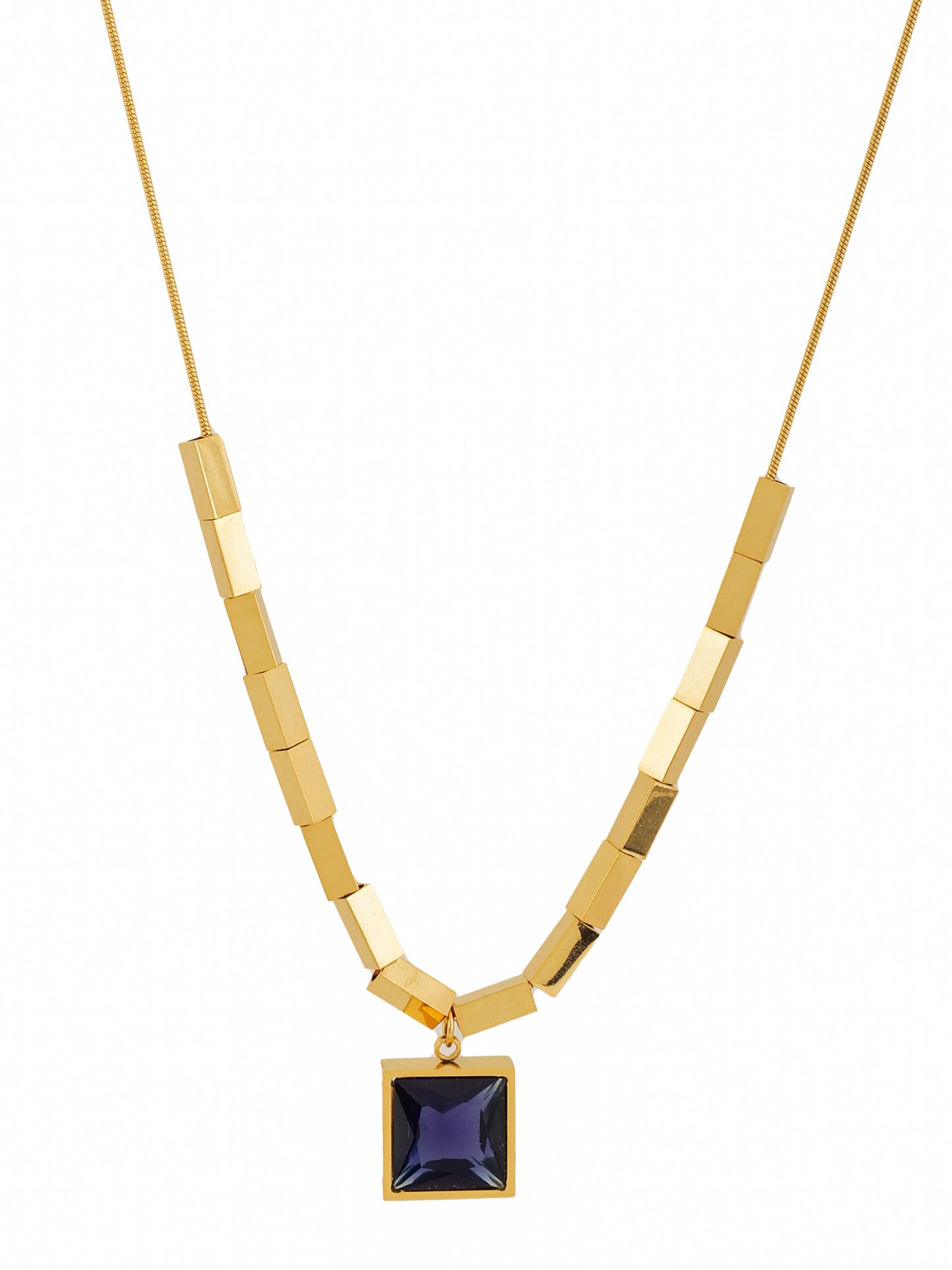 Gold-Plated Geometric Blue Stone Pendant Necklace