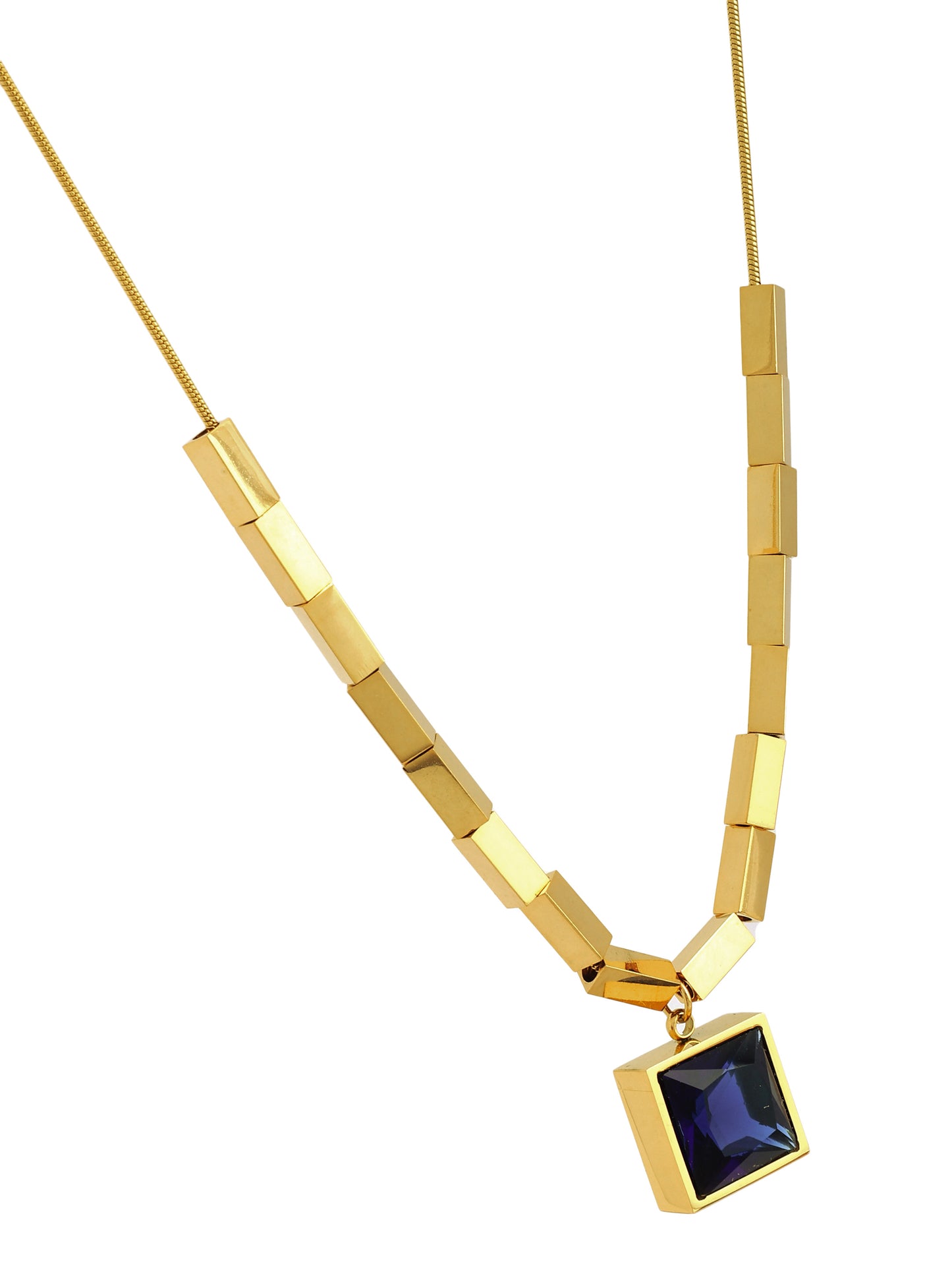 Gold-Plated Geometric Blue Stone Pendant Necklace