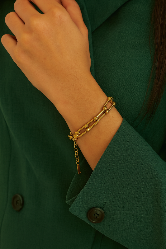 14K Gold Paperclip Ball Accent Chain Bracelet