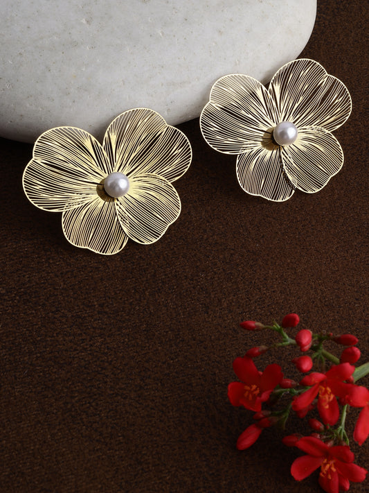 Golden Filigree Blossom Earrings With Pearl Center