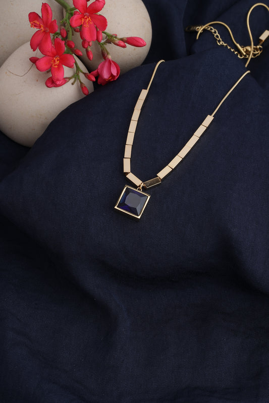 Gold-Plated Geometric Blue Stone Pendant Necklace