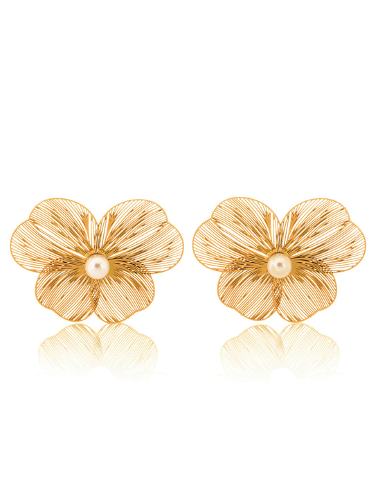 Golden Filigree Blossom Earrings With Pearl Center