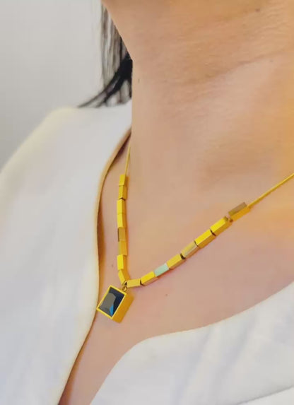 Gold-Plated Geometric Blue Stone Pendant Necklace